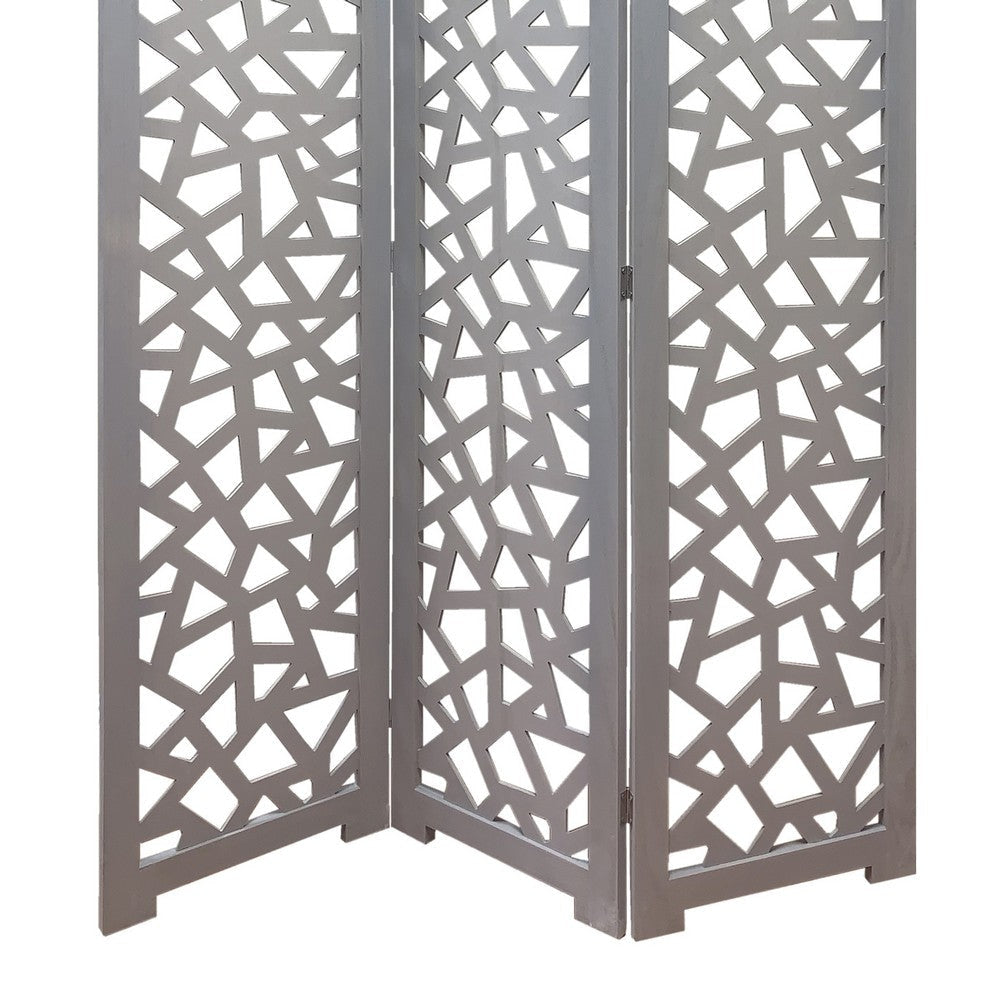 3 Panel Contemporary Wooden Screen with Cut Pattern Design Gray BM205860