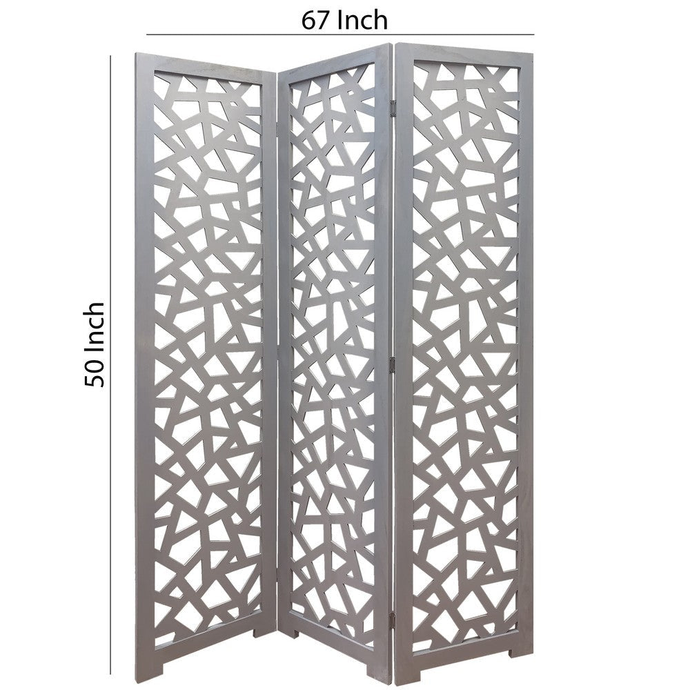 3 Panel Contemporary Wooden Screen with Cut Pattern Design Gray BM205860
