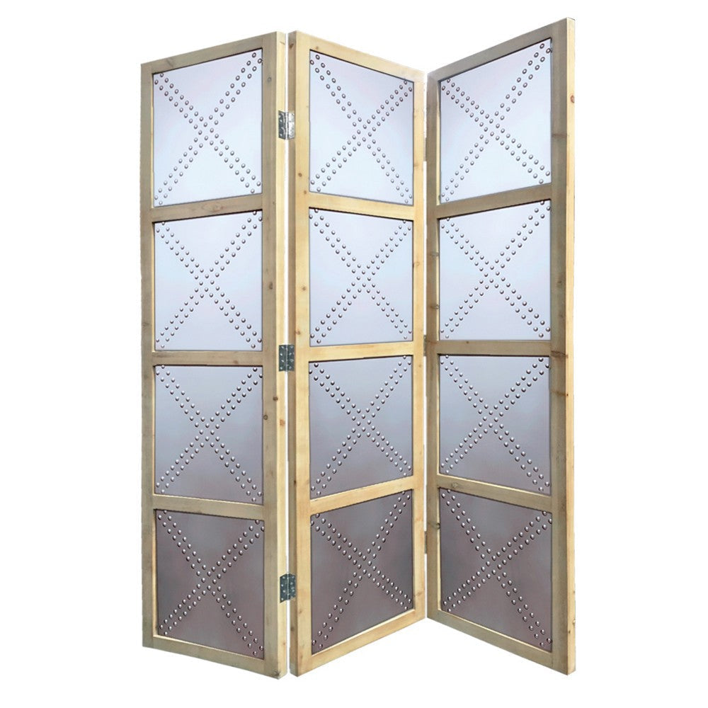 Contemporary 3 Panel Screen with Wood Frame & Nailhead Trim Design, Gray