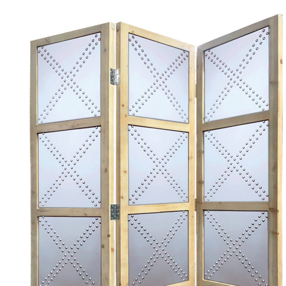 Contemporary 3 Panel Screen with Wood Frame & Nailhead Trim Design Gray BM205861