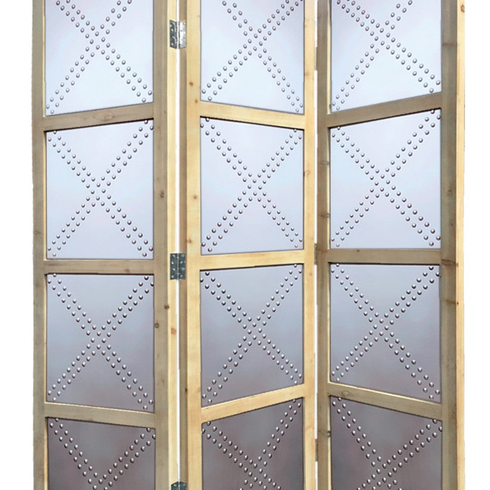 Contemporary 3 Panel Screen with Wood Frame & Nailhead Trim Design Gray BM205861