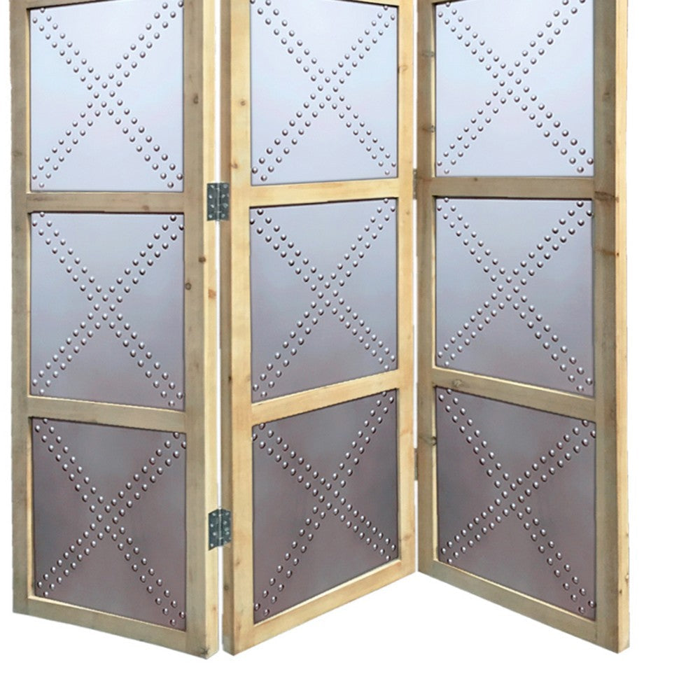 Contemporary 3 Panel Screen with Wood Frame & Nailhead Trim Design Gray BM205861