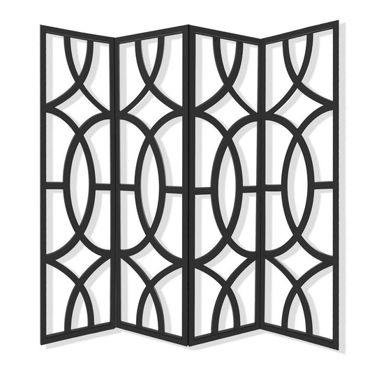 Modern Style 4 Panel Screen with Geometrical Stencil Design, Black