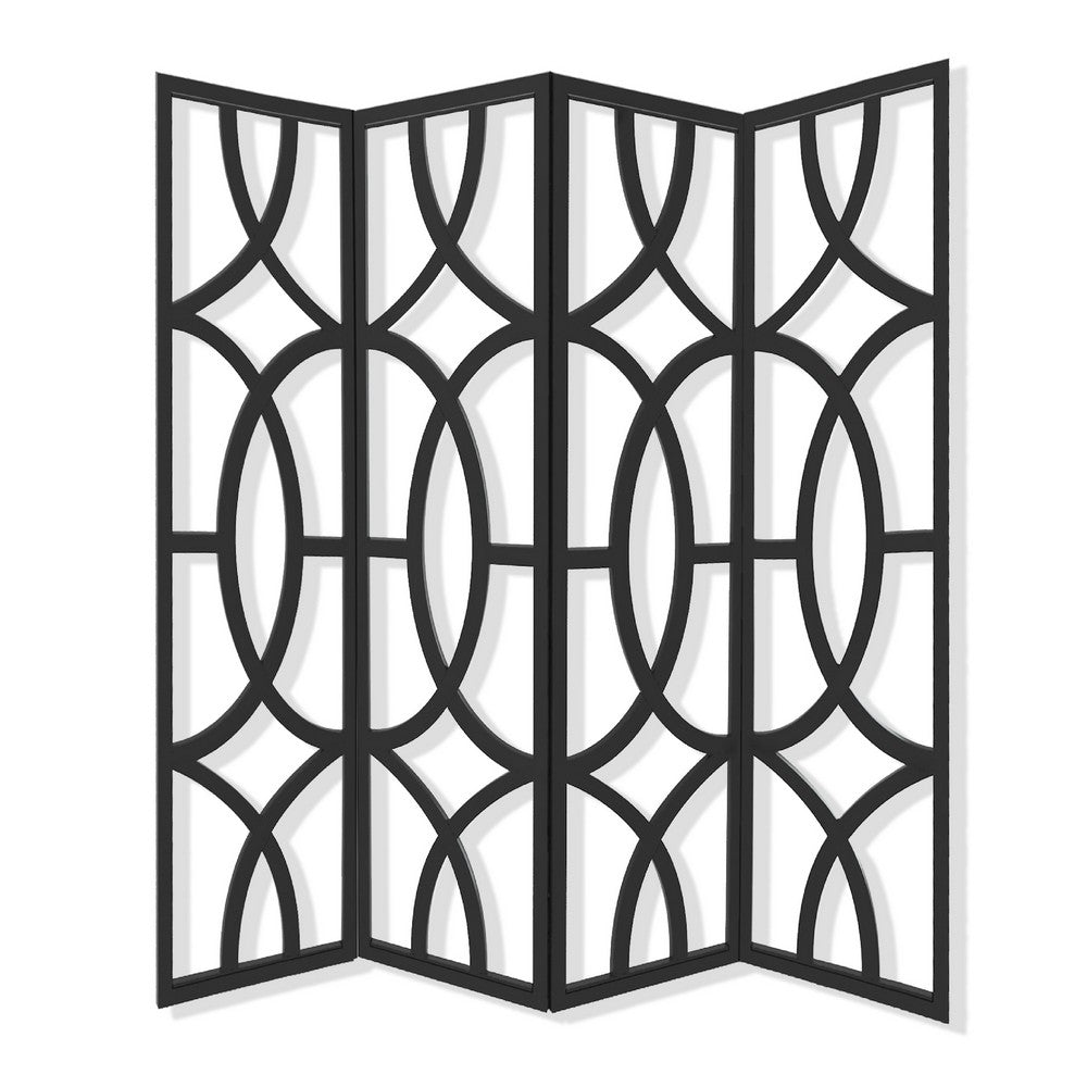 Modern Style 4 Panel Screen with Geometrical Stencil Design, Black