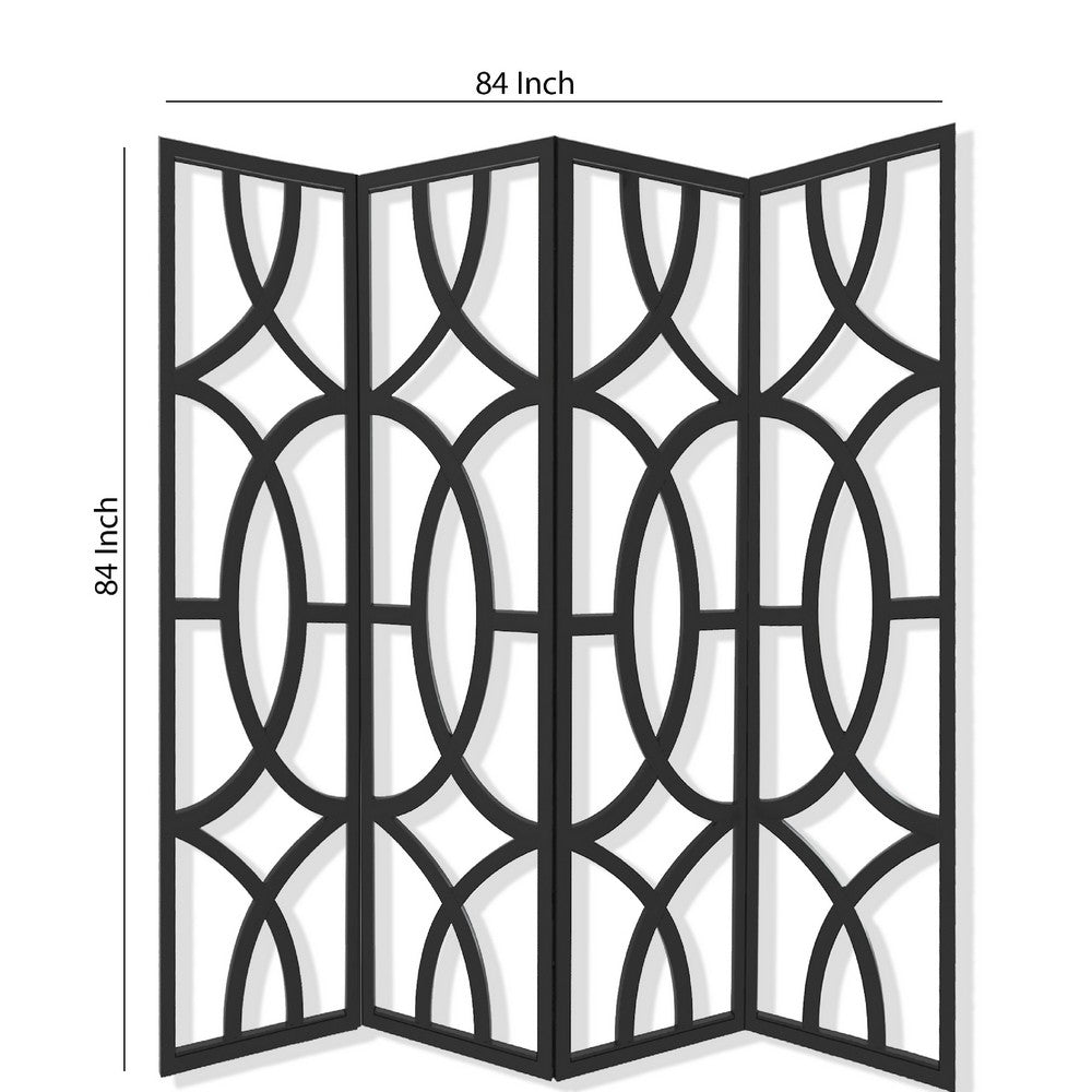 Modern Style 4 Panel Screen with Geometrical Stencil Design, Black