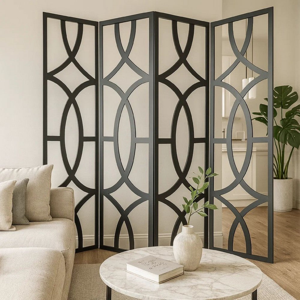 Modern Style 4 Panel Screen with Geometrical Stencil Design, Black