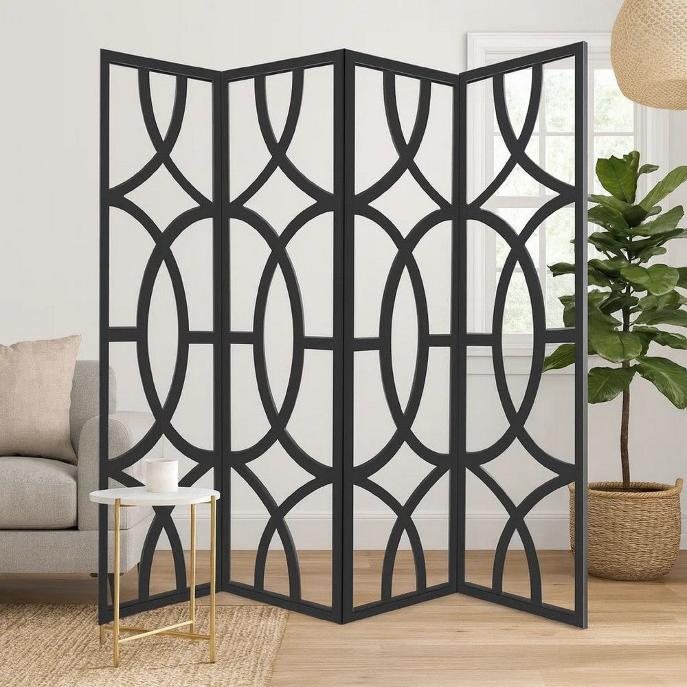 Modern Style 4 Panel Screen with Geometrical Stencil Design, Black