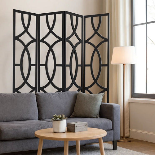 Modern Style 4 Panel Screen with Geometrical Stencil Design, Black