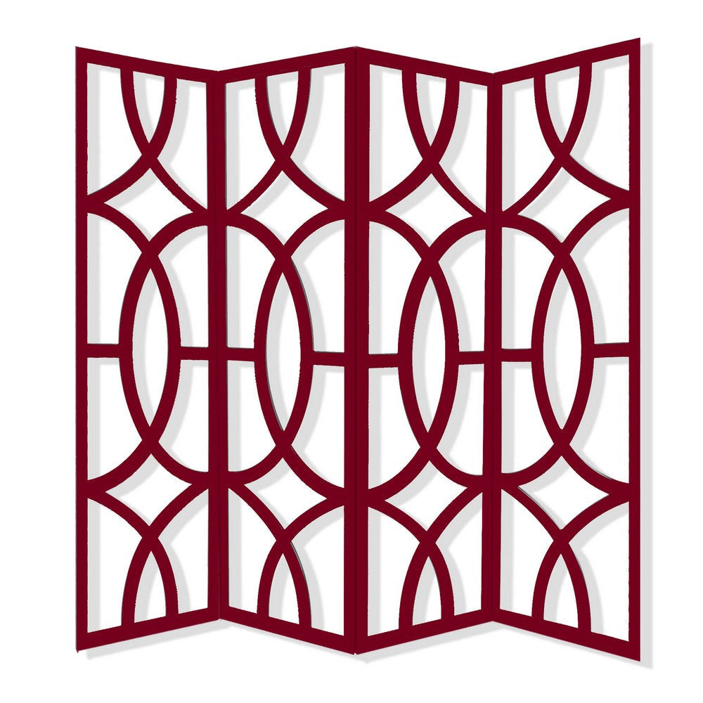 Modern Style 4 Panel Screen with Geometrical Stencil Design, Red