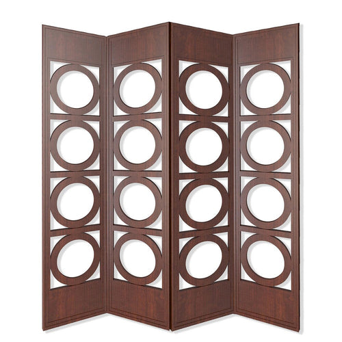 Transitional 4 Panel Wood Screen with Abstract Circular Design, Brown