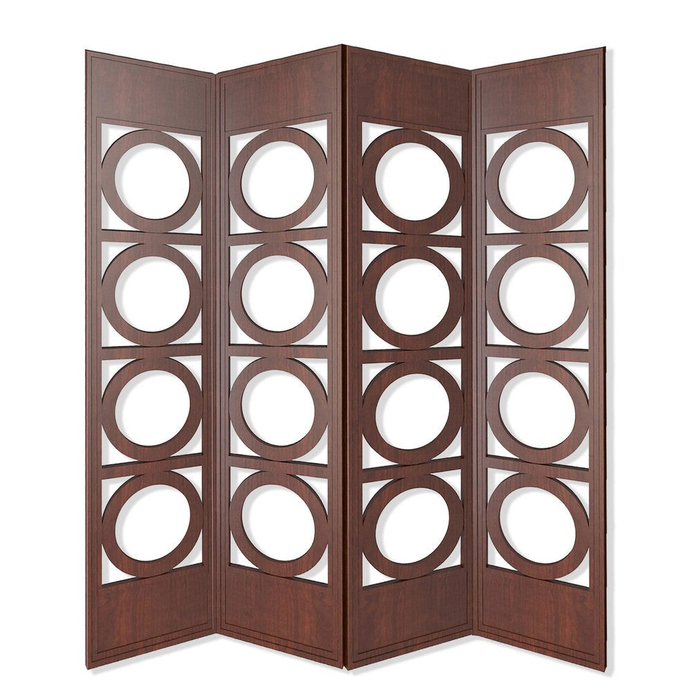 Transitional 4 Panel Wood Screen with Abstract Circular Design, Brown