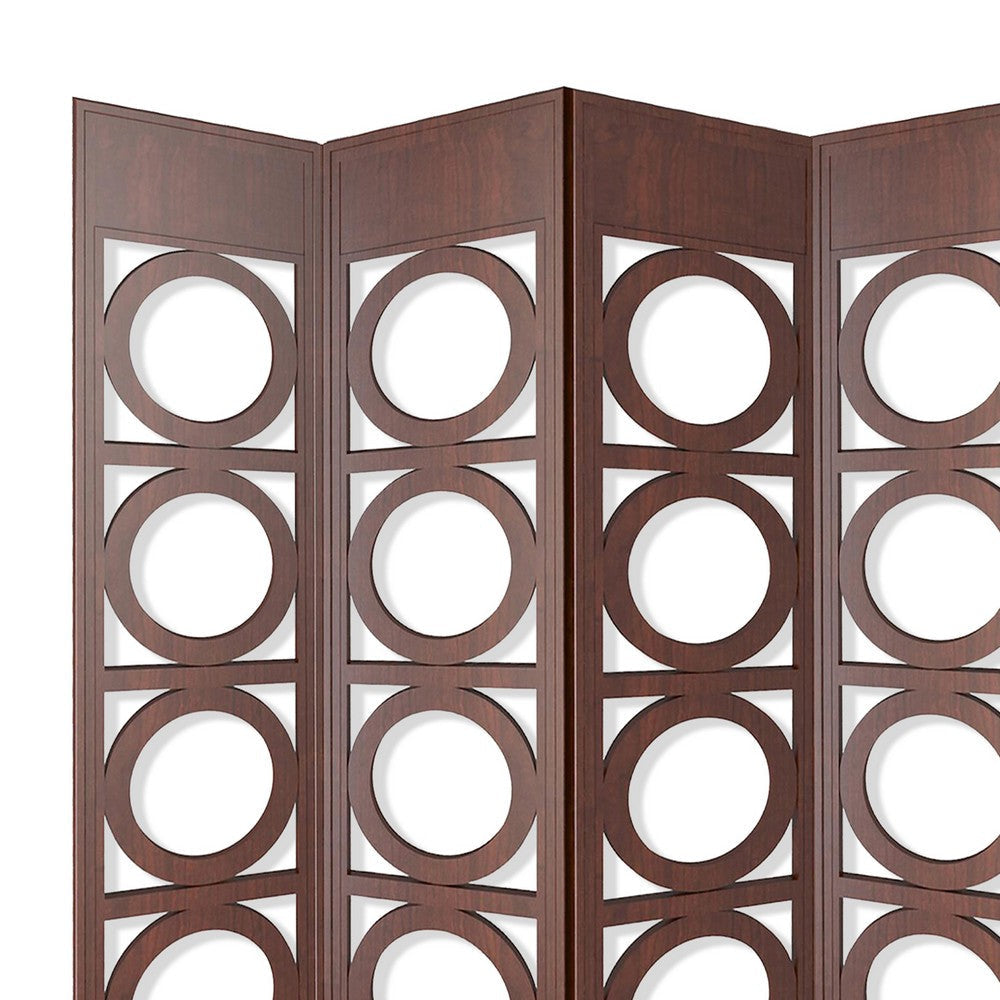 Transitional 4 Panel Wood Screen with Abstract Circular Design Brown BM205865