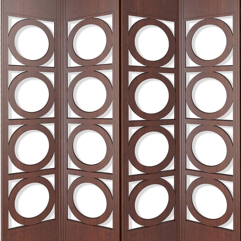 Transitional 4 Panel Wood Screen with Abstract Circular Design Brown BM205865