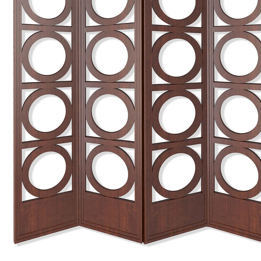 Transitional 4 Panel Wood Screen with Abstract Circular Design Brown BM205865