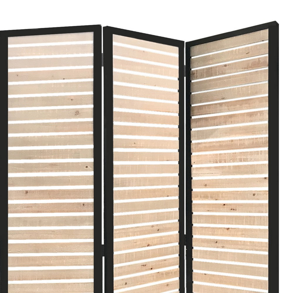 Metal Framed 3 Panel Screen with Wooden Horizontal Inset Black & White BM205867