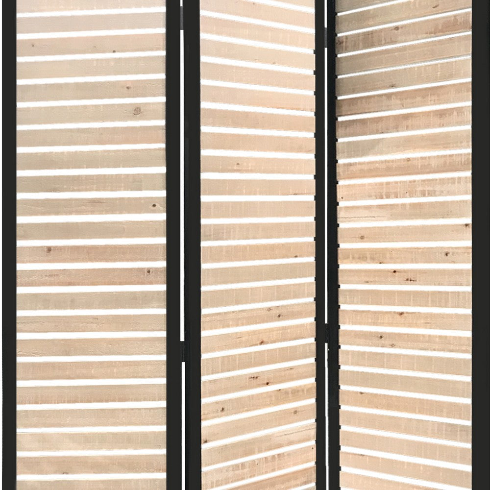 Metal Framed 3 Panel Screen with Wooden Horizontal Inset Black & White BM205867