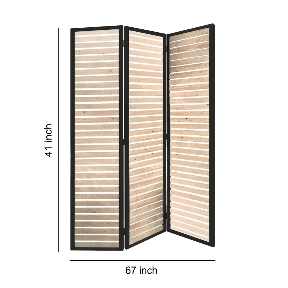 Metal Framed 3 Panel Screen with Wooden Horizontal Inset Black & White BM205867