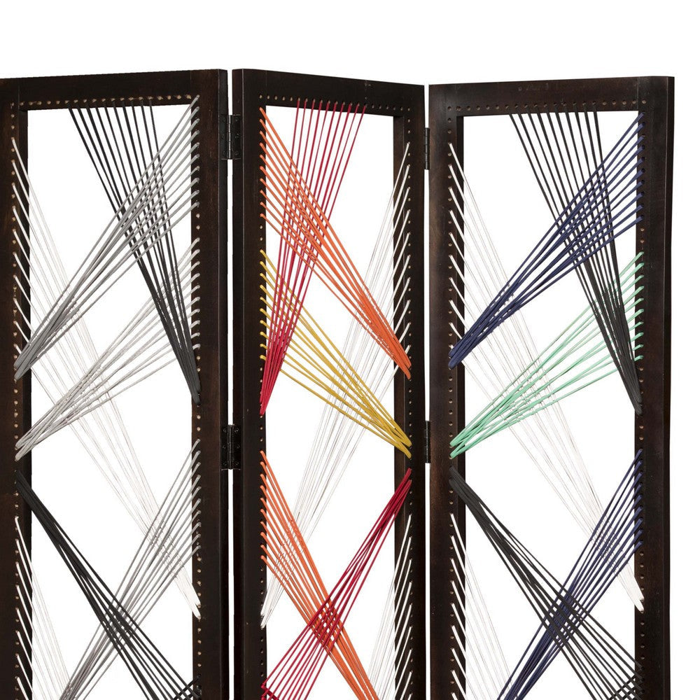 Contemporary 3 Panel Wooden Screen with Woven String Design Multicolor BM205868