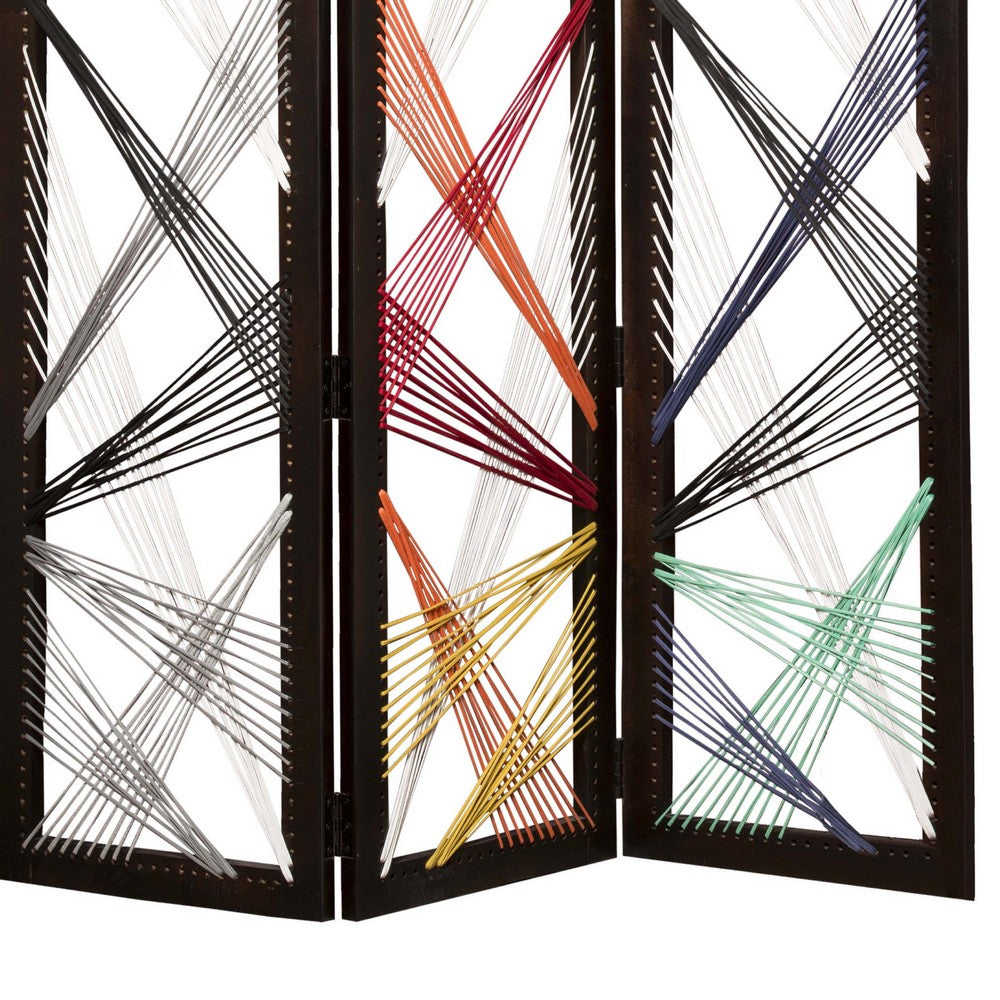 Contemporary 3 Panel Wooden Screen with Woven String Design, Multicolor