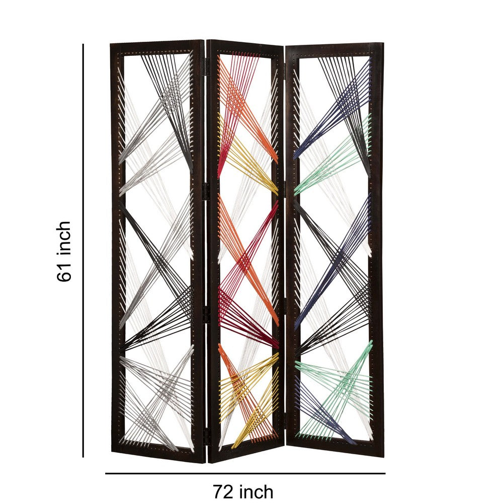 Contemporary 3 Panel Wooden Screen with Woven String Design, Multicolor