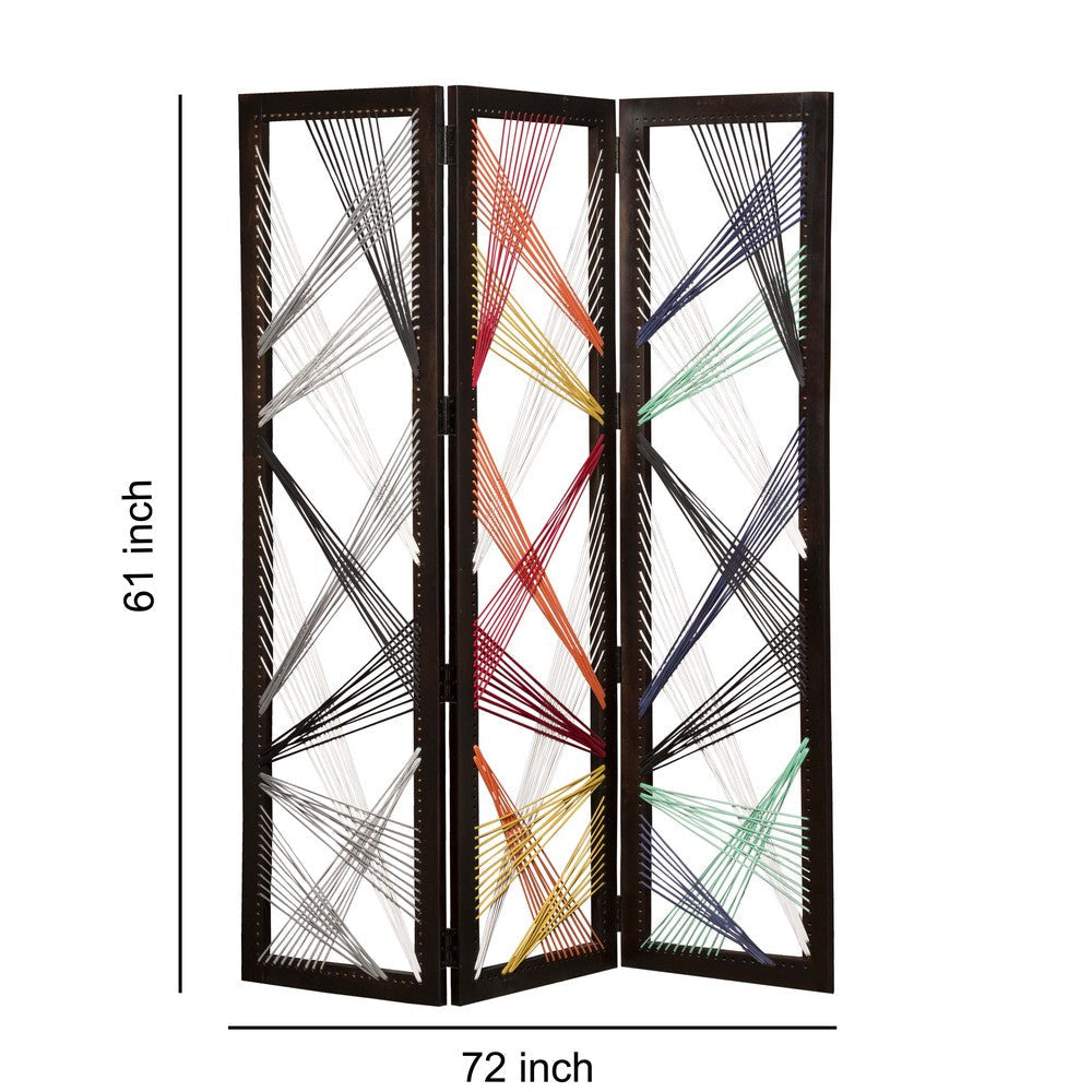 Contemporary 3 Panel Wooden Screen with Woven String Design Multicolor BM205868