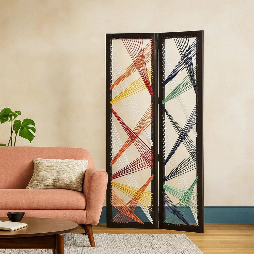 Contemporary 3 Panel Wooden Screen with Woven String Design, Multicolor