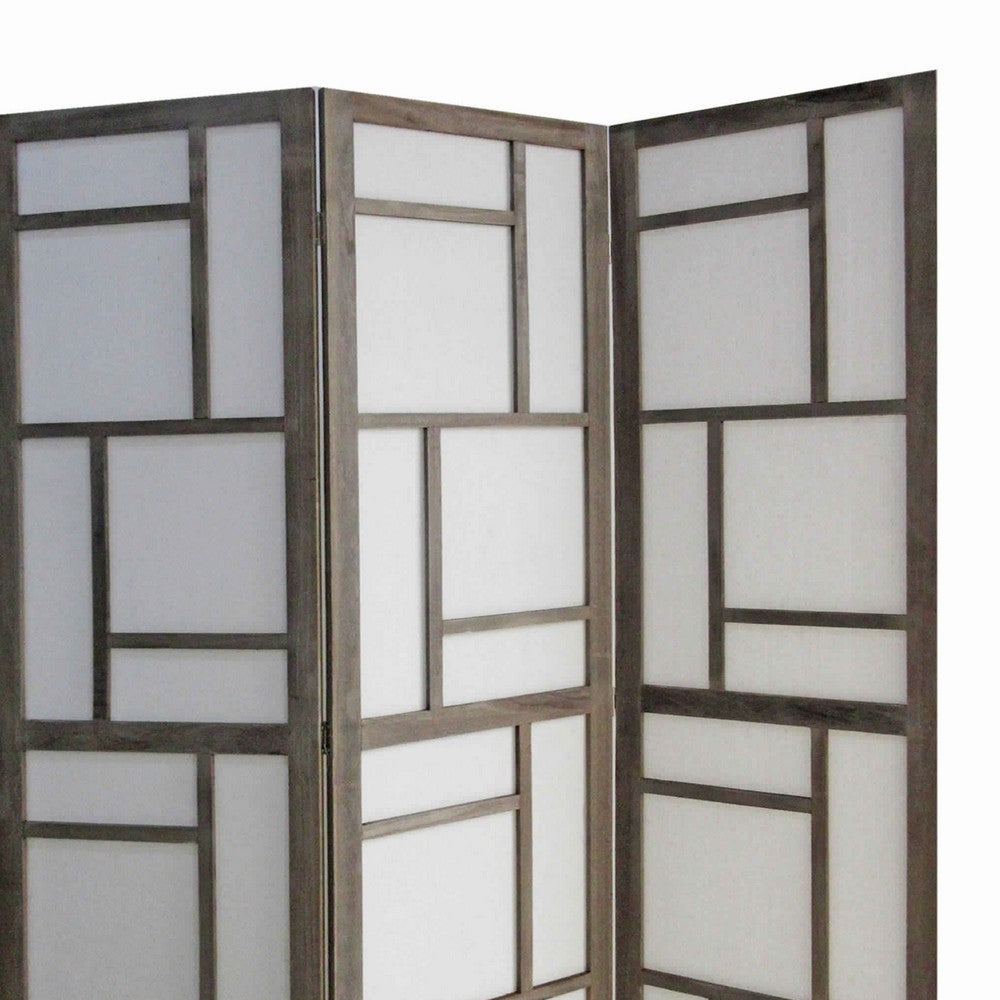 Contemporary 3 Panel Wooden Screen with Geometrical Designs, Gray