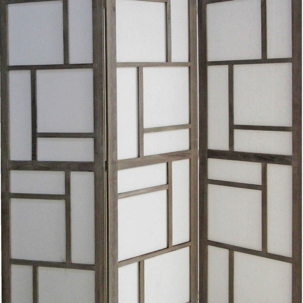 Contemporary 3 Panel Wooden Screen with Geometrical Designs Gray BM205870