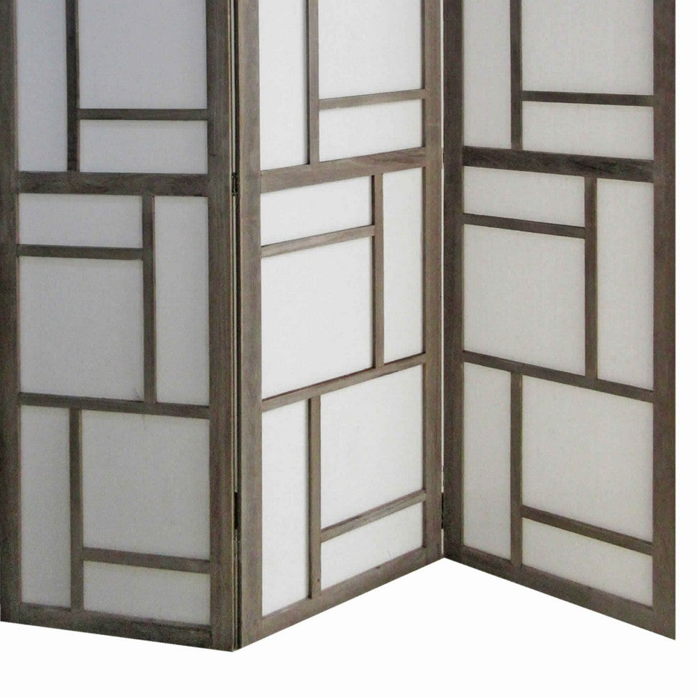 Contemporary 3 Panel Wooden Screen with Geometrical Designs, Gray