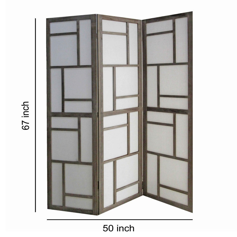 Contemporary 3 Panel Wooden Screen with Geometrical Designs Gray BM205870