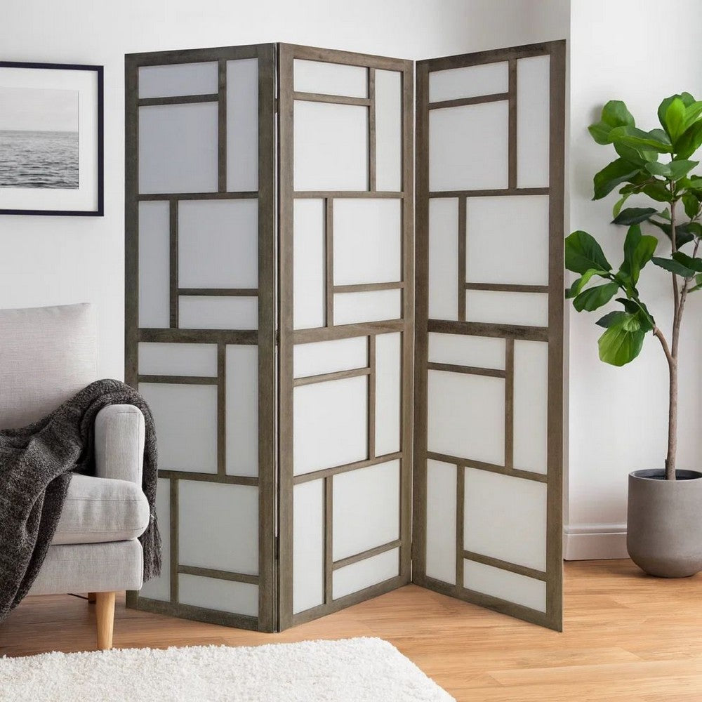 Contemporary 3 Panel Wooden Screen with Geometrical Designs, Gray