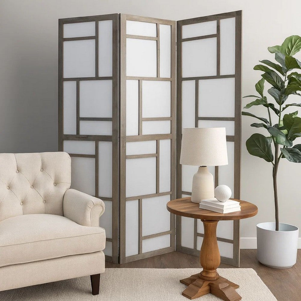 Contemporary 3 Panel Wooden Screen with Geometrical Designs, Gray