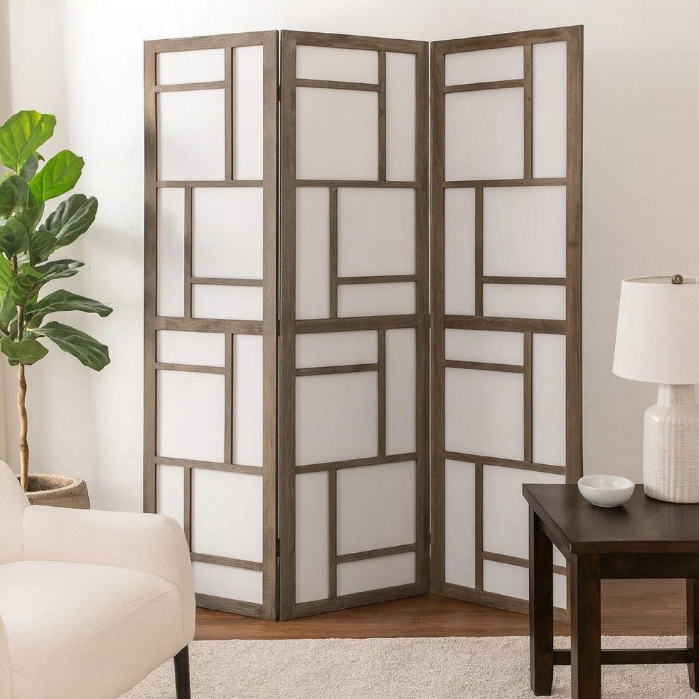 Contemporary 3 Panel Wooden Screen with Geometrical Designs, Gray