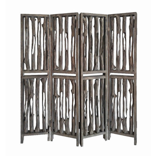 Contemporary 4 Panel Wooden Screen with Log Design, Brown