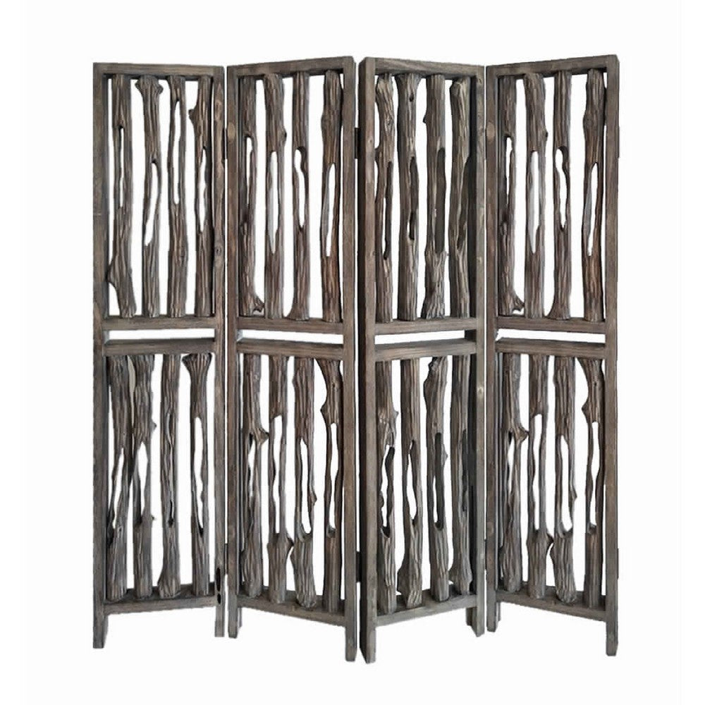 Contemporary 4 Panel Wooden Screen with Log Design, Brown