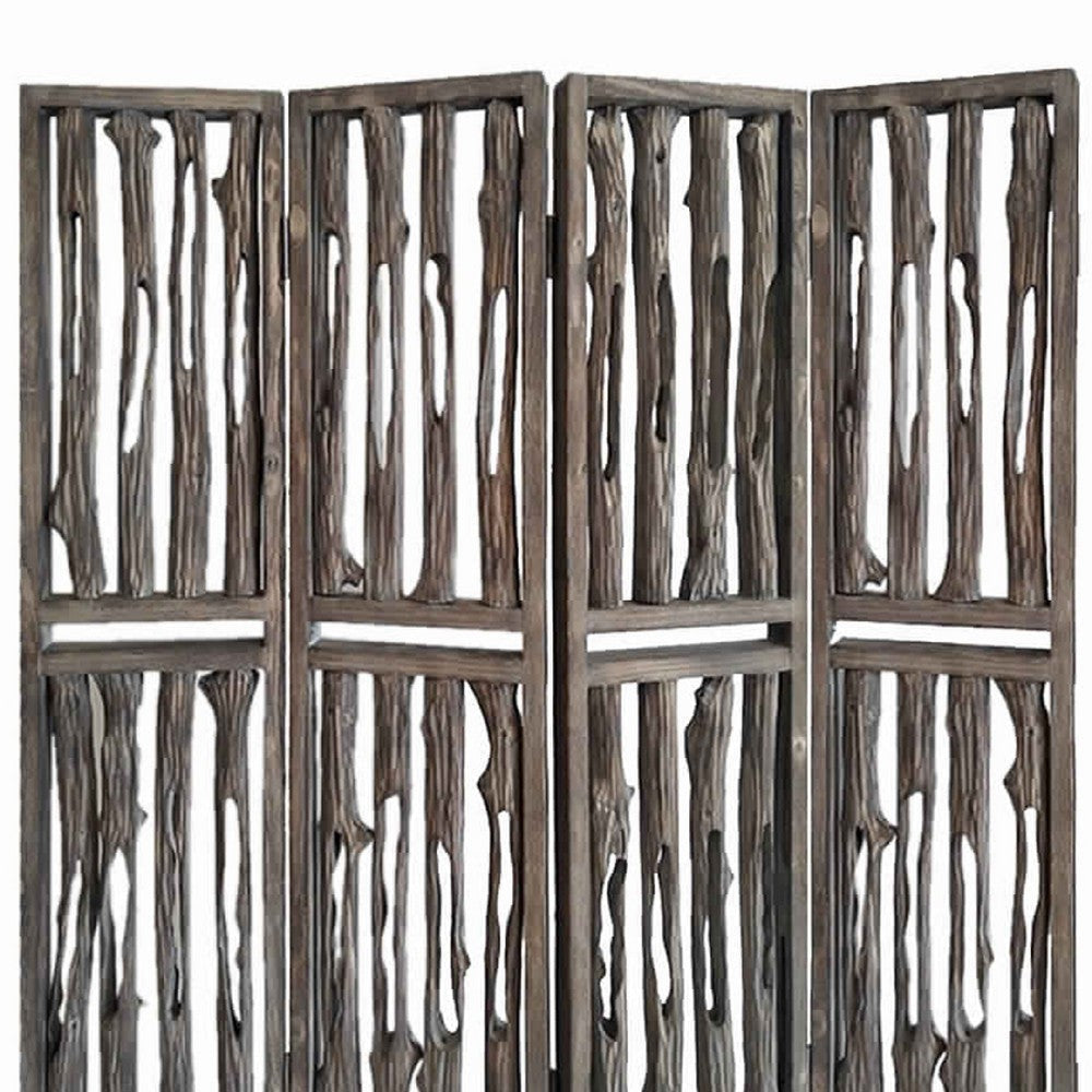 Contemporary 4 Panel Wooden Screen with Log Design Brown BM205885