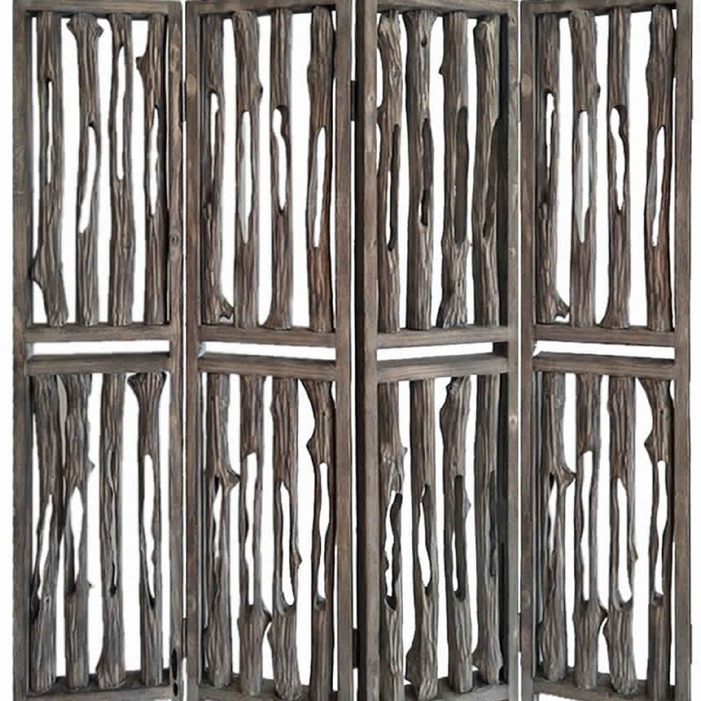 Contemporary 4 Panel Wooden Screen with Log Design Brown BM205885