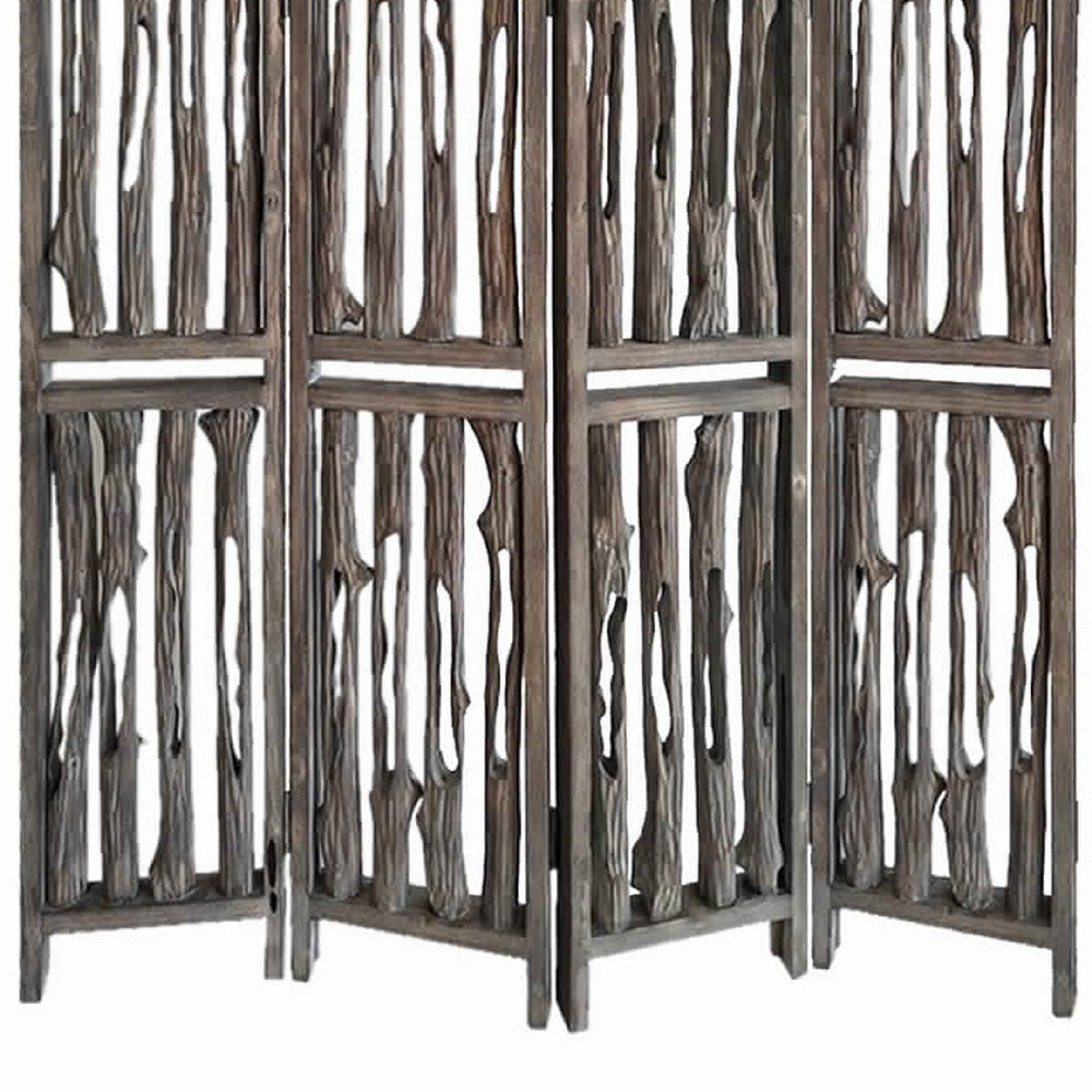 Contemporary 4 Panel Wooden Screen with Log Design Brown BM205885