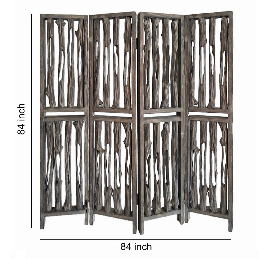 Contemporary 4 Panel Wooden Screen with Log Design Brown BM205885
