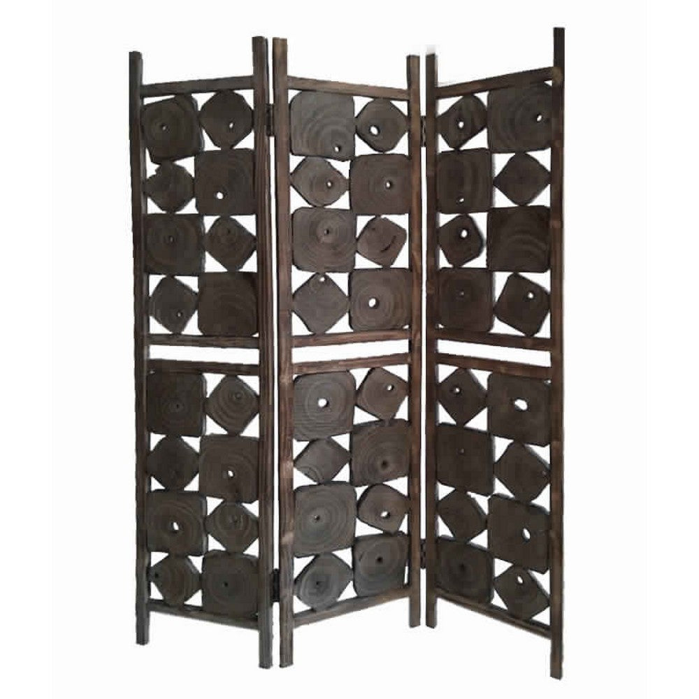 Contemporary 3 Panel Wooden Screen with Square Log Cut Inset, Brown
