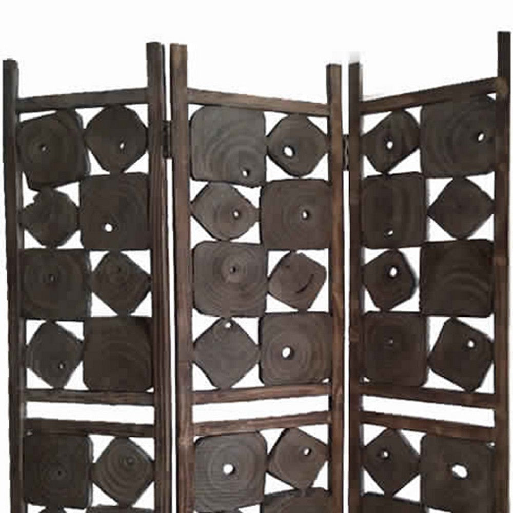Contemporary 3 Panel Wooden Screen with Square Log Cut Inset Brown BM205887
