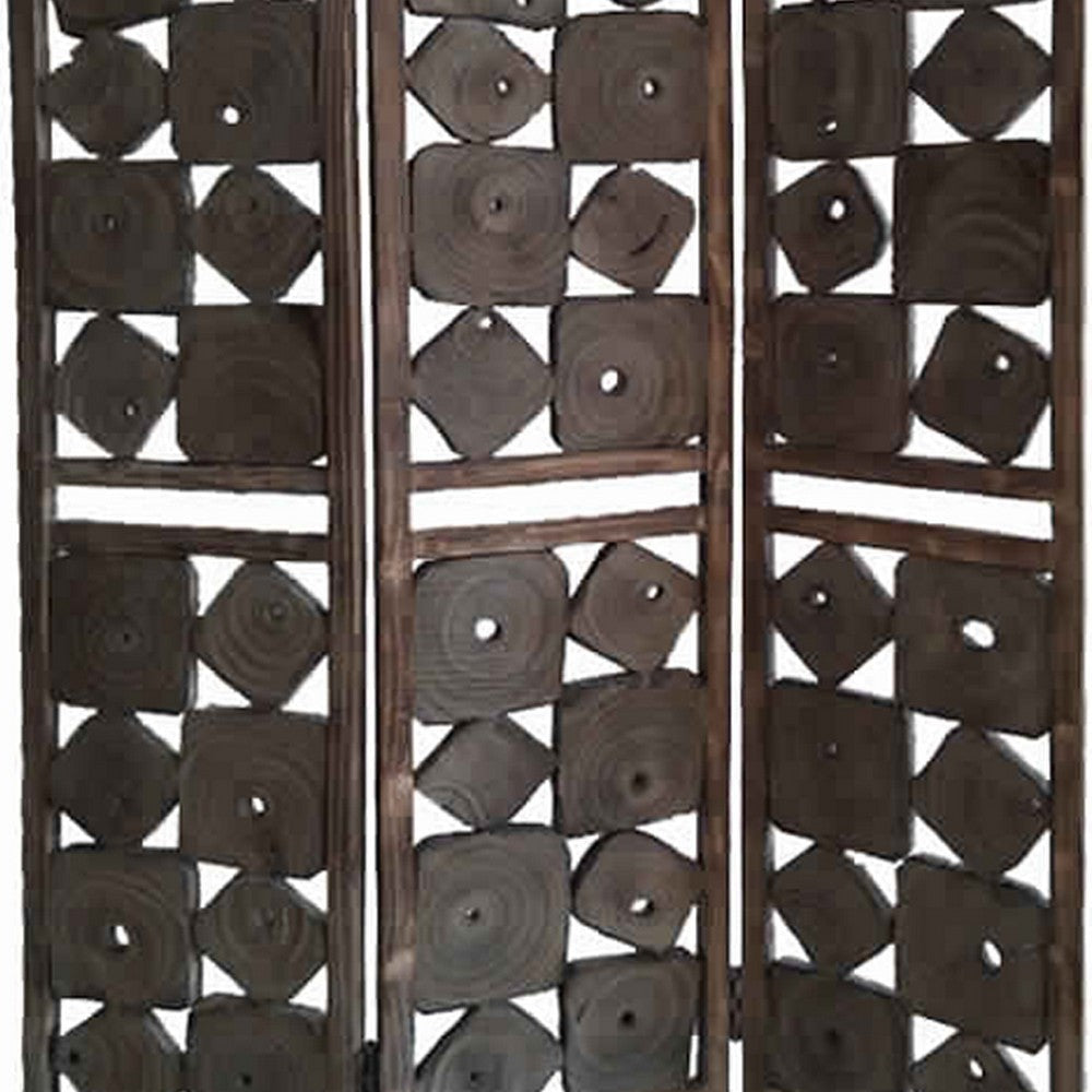 Contemporary 3 Panel Wooden Screen with Square Log Cut Inset Brown BM205887
