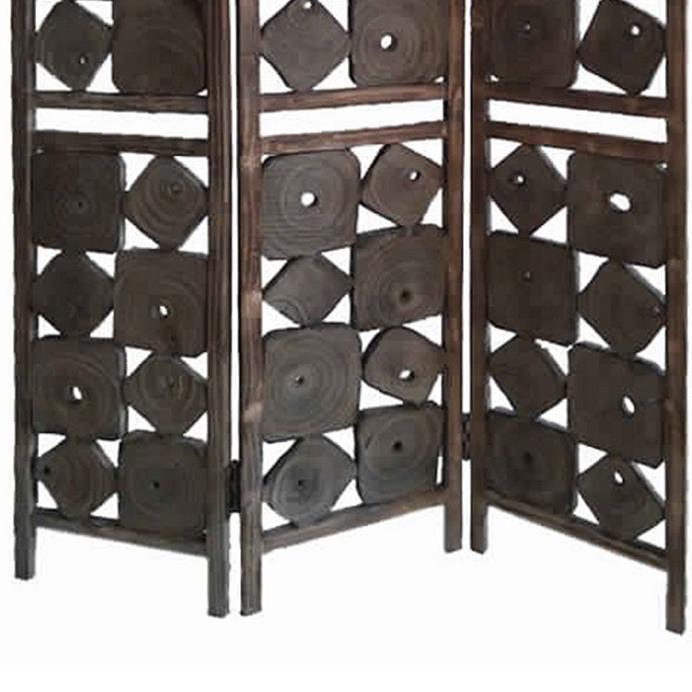 Contemporary 3 Panel Wooden Screen with Square Log Cut Inset Brown BM205887