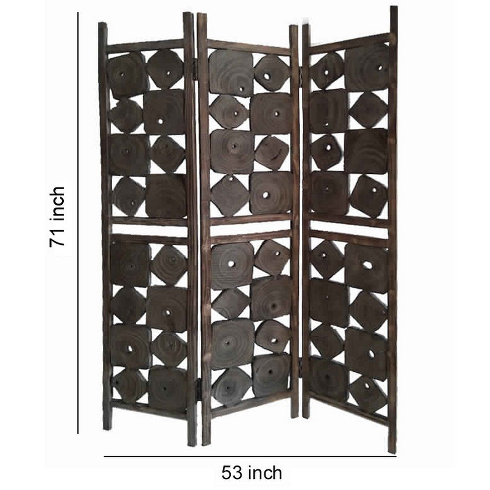 Contemporary 3 Panel Wooden Screen with Square Log Cut Inset Brown BM205887