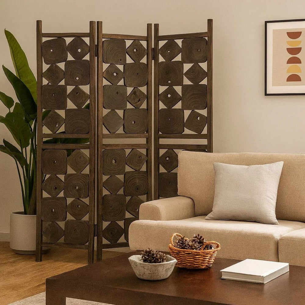 Contemporary 3 Panel Wooden Screen with Square Log Cut Inset, Brown