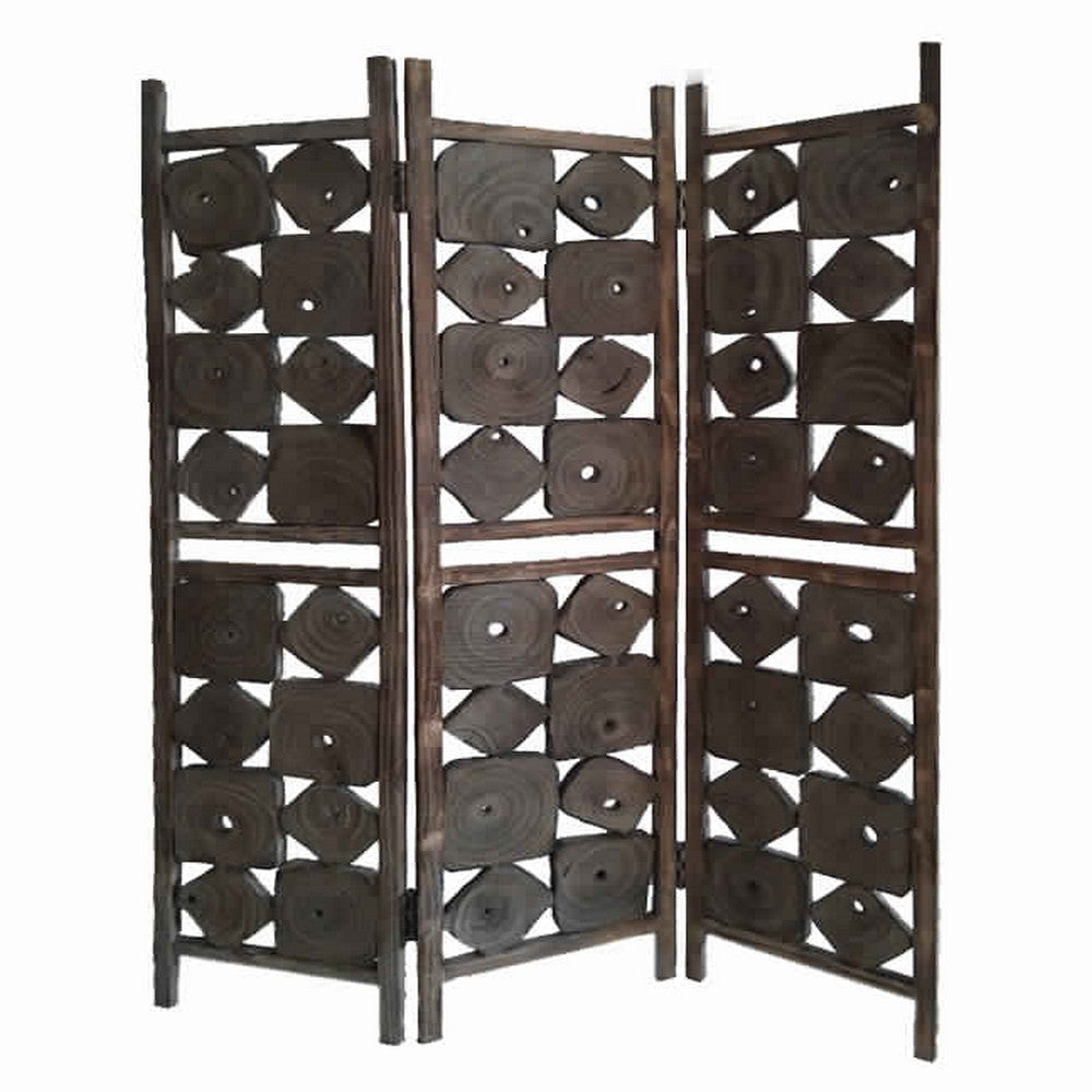 Contemporary 3 Panel Wooden Screen with Square Log Cut Inset, Brown