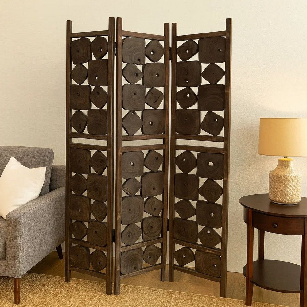 Contemporary 3 Panel Wooden Screen with Square Log Cut Inset, Brown