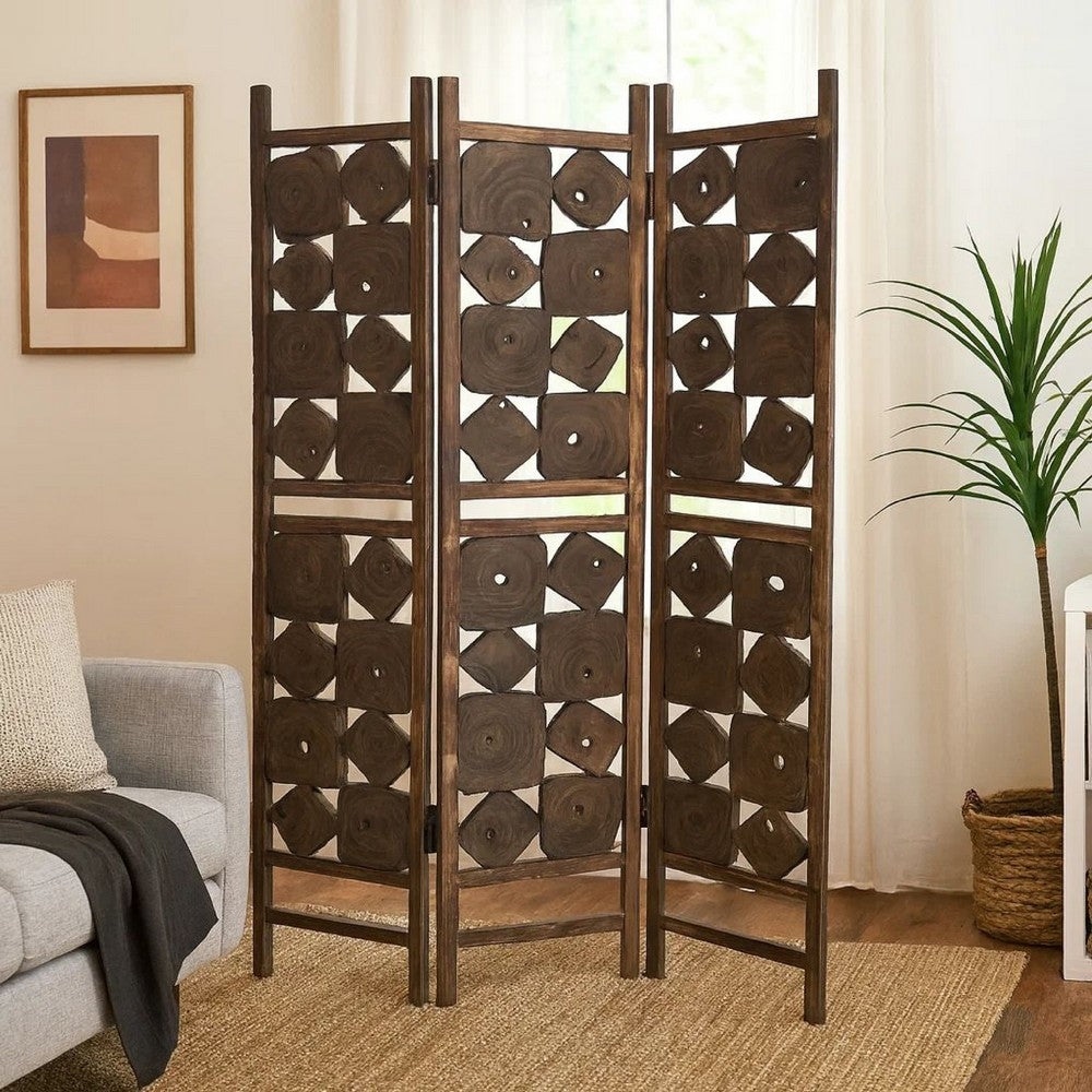 Contemporary 3 Panel Wooden Screen with Square Log Cut Inset, Brown