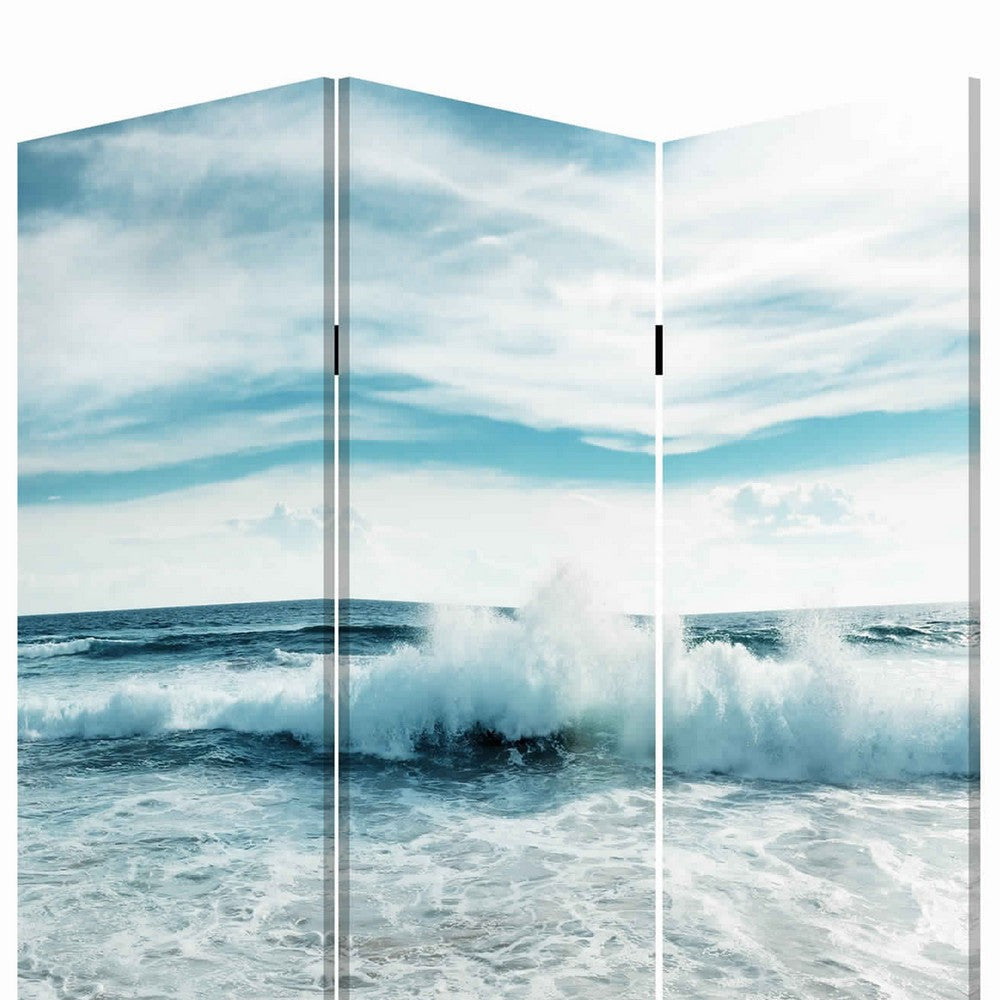 Foldable Canvas Screen with Ocean Shore Print and 3 Panels Multicolor BM205888