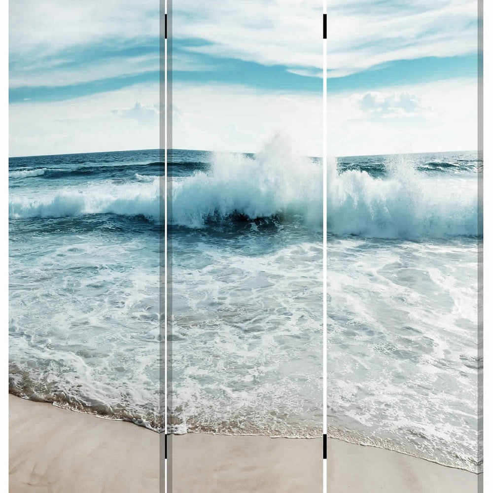 Foldable Canvas Screen with Ocean Shore Print and 3 Panels Multicolor BM205888